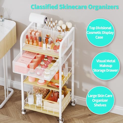 HapiRm Makeup Organizer Storage Cart - 4 Tier Skincare Make Up Storage with Drawer, Rolling Makeup Cart Vanity Organizer Cosmetics Display Cases Holder for Skin Care Perfume Nail Polish Brush