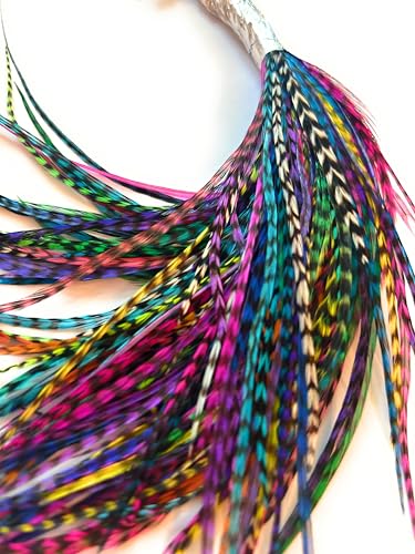 200 Short Real Rooster Feathers Rainbow Hair Extensions
