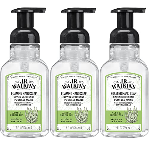 J.R. Watkins Foaming Hand Soap with Pump Dispenser, Moisturizing Foam Hand Wash, All Natural, Alcohol-Free, Cruelty-Free, USA Made, Aloe Green Tea, 9 fl oz, 3 Pack