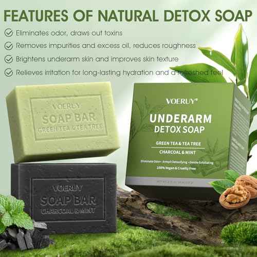 Underarm Detox Soap, 2 Pcs Armpit Detox Soap with Green Tea & Tea Tree, Charcoal & Mint for Eliminating Odor, Exfoliating, Moisturizing , Bar Soap for Legs, Knee, Feet, Hands Whole Body - 10 oz£¨280g£©