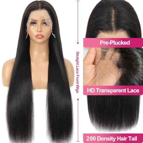 TAIKOU 28 Inch 13x6 Lace Front Wigs Human Hair 200 Density Pre Plucked Straight Lace Front Wigs with Baby Hair HD Lace Frontal Straight Wig for Women