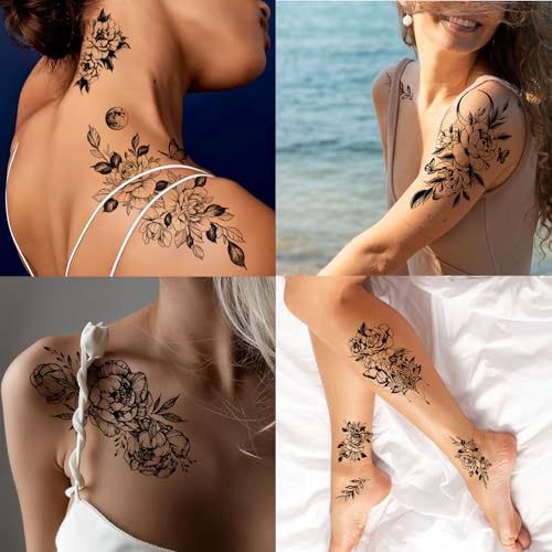Black Flower Butterfly Temporary Tattoos for Women Girls, 10Sheets Large Waterproof Arm Adults Fake, Realistic That Look Real Last Long Tattoo Stickers Party Favors Supplies Gifts