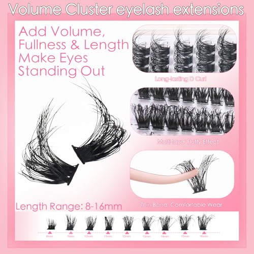 DAODER Fluff Lash Clusters Kit 80D Cat Eye Lash Extension Kit 8-16mm Wispy Eyelash Clusters Kit Volume Individual Lashes D Curl with Bond Seal Remover