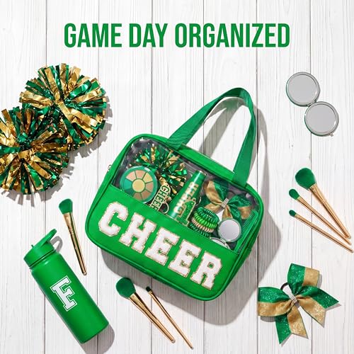 Green Cheerleading Makeup Bag with Chenille 'CHEER' Letters - Large Travel Organizer for Girls & Women
