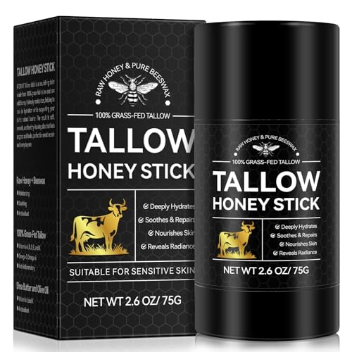 Beef Tallow for Skin, Organic Beef Tallow Balm Stick, 100% Grass-Fed Honey & Beeswax, Deep Hydration For Dry & Aging Skin, Natural Barrier, Nourishing Moisturizer, 2.6oz