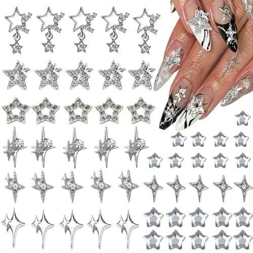 55pcs Y2K Star Nail Charms - 3D Nail Art Charms, Silver Star Rhinestones for Women & Girls (9 Styles)