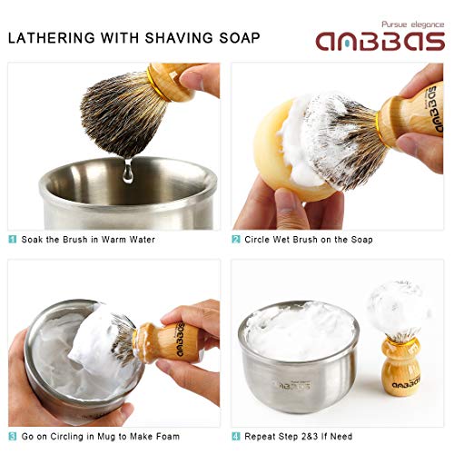 Anbbas Badger Hair Shaving Brush with Wood Handle,Stainless Steel Razor and Brush Stand, Shaving Bowl with Shaving Soap Bar 4in1 Set for Men Wet Shave