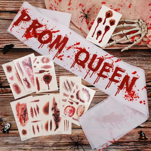 HOWAF 1pcs Halloween Zombie Prom Queen Sash with 10 Sheets Halloween Bloody Temporary Tattoos, Bloody Splattered Prom Queen Sash Fake Scar Body Tattoos for Hallows' Eve Party Zombie Costume Cosplay