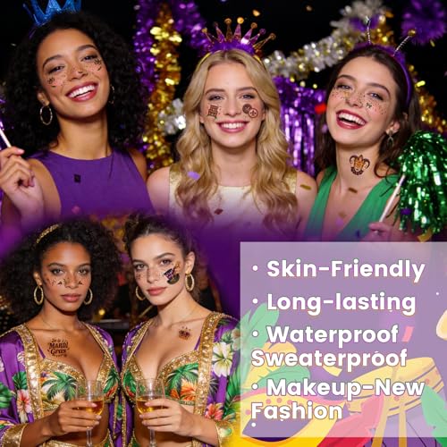 Mardi Gras Decorations, Mardi Gras Decor Temporary Tattoos, Mardi Gras Freckles Face Tattoos with Body Glitter Temporary Tattoo Stickers for Women, Teen Girls, Party Costume Outfit Makeup