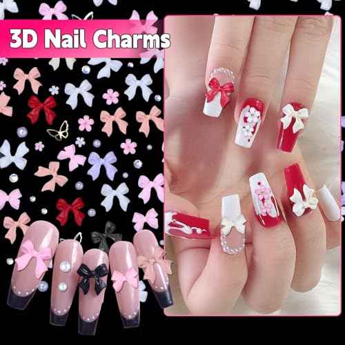 2 Boxes Mixed 3D Nail Charms and Rhinestones, Color Bows Bowknots Flowers Acrylic Nail Art Charms, Flatback Pearl Nail Gems Charms DIY Nail Art Accessories