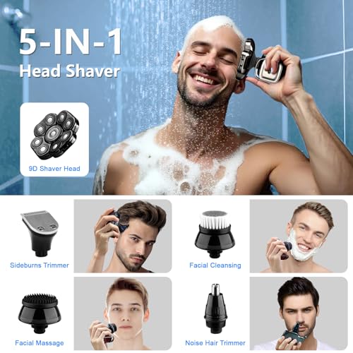 9D Head Shavers for Bald Men, 5-in-1 Electric Razor, Cordless Rechargeable Waterproof Wet/Dry Shaving Grooming Kit for Balder with Nose Trimmer, Massager, LED Smart Display, Gift for Husband Dad