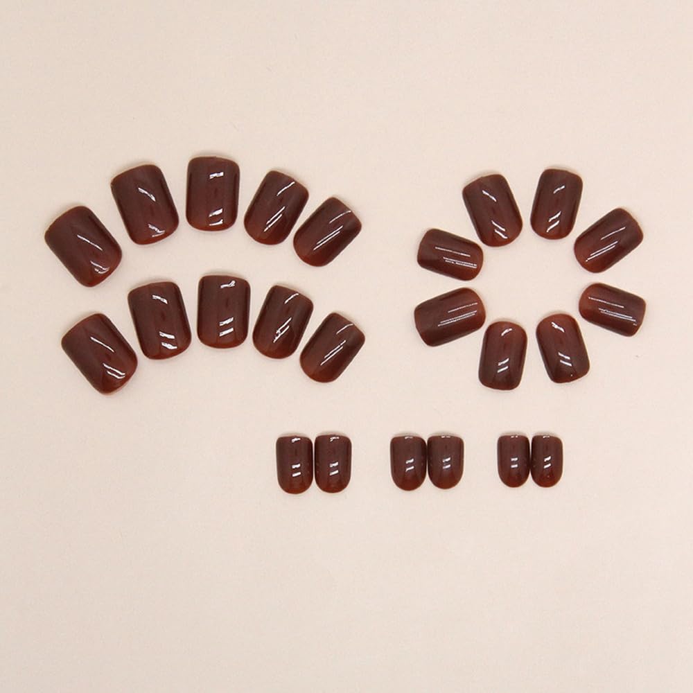 Square Press on Nails Short Brown Acrylic Short Fake Nails Winter Nails Press ons, Full Cover Glue on Nails Short Artificial Glossy Designs for Women 24 Pcs