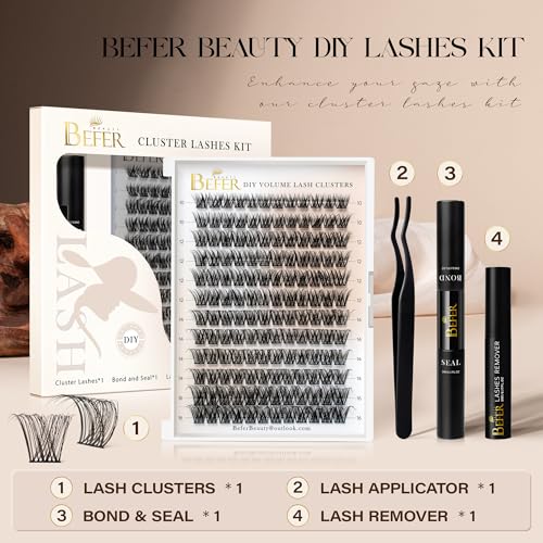 BEFER Lash Clusters Kit - 144 D Curl Individual Lashes with Bond & Seal