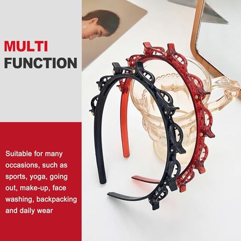 2 Pack Non-Slip Braided Headband with Clips for Bangs - Black & Brown
