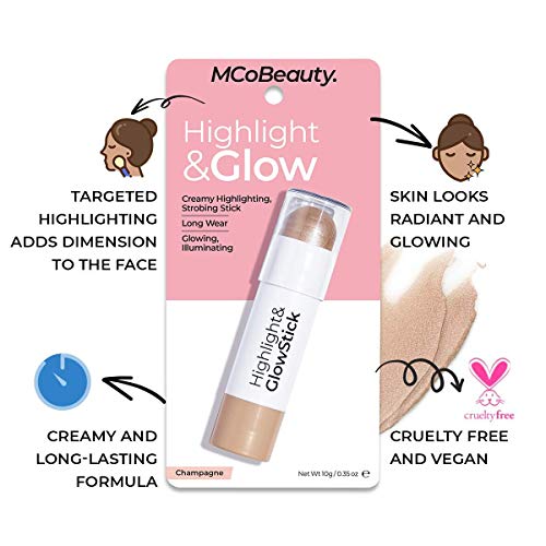 MCoBeauty Highlight and Glow Stick - Luminous Cream Balm Highlighter Stick - Illuminating Cheek Contour With Dewy Finish - Formulated With Ultra Fine, Light Reflecting Particles - Champagne - 0.35 Oz