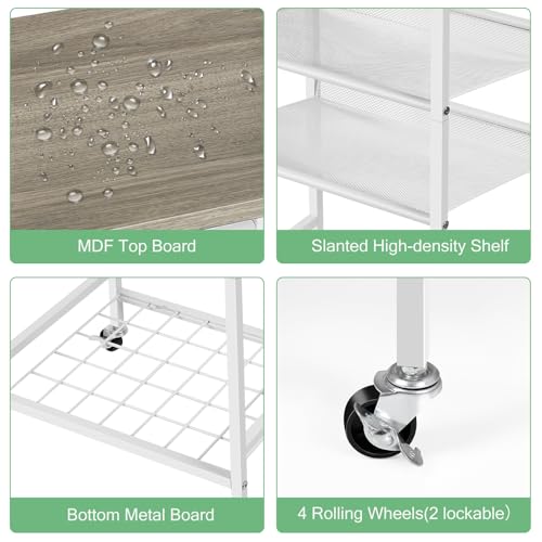 OYEAL White Bathroom Storage Cart Rolling Towel Cart On Wheels Freestanding Bathroom Shelf Unit with Hair Dryer Holder for Small Spaces, Living Room, Kitchen