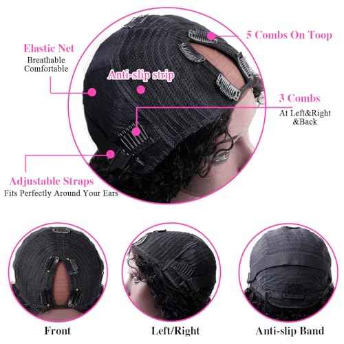 Curly V Part Human Hair Wigs No Leave Out Brazilian Human Hair Wig For Black Women Curly Bob Wig Upgrade U Part Wigs NO Glueless 180% Density Natural Black 12 Inch