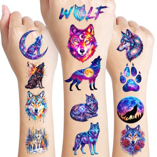 96 PCS Galaxy Wolf Temporary Tattoos for Kids