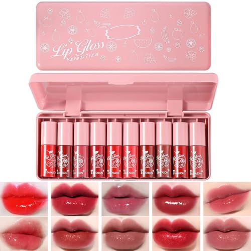 10-Piece Pearly Lip Gloss Set, Moisturizing Lip Tint Collection, Sheer to Medium Coverage, 0.16 Fl Oz Each (Pink Box)