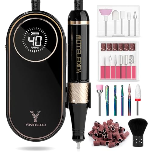 YOKE FELLOW Electric Nail File - Nail Drill Machine for Acrylic Nail Kit with Nail Dust Brush for Dip Powder Manicure Pedicure 40000RPM Rechargeable Nail Drill Gift Set for Women