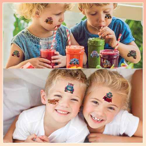 102 PCS Individually Wrapped Monster Trucks Temporary Tattoo for kids - Monster Truck Temporary for Girls Boy Body Arm Shoulder Cute Tattoos Stickers, Birthday Party Supplies Gifts for Kids