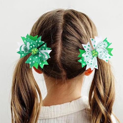 St. Patrick's Day Hair Bows Clips Irish Green Shamrock Hairpin for Kids Grosgrain Ribbon Bowknot Boutique Alligator Hair Clips Green Saint Headwear Accessories for Kids Girls Women 2 Packs