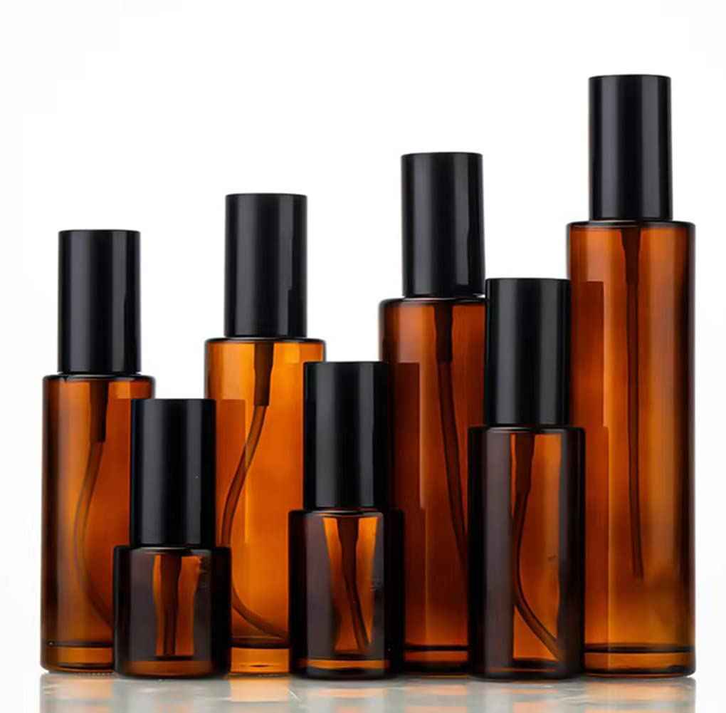 Ericotry 2 PCS 120ml/4oz Amber Glass Travel Bottles with Black Pump - Leakproof Lotion Dispenser for Essential Oil, Cream, Shampoo