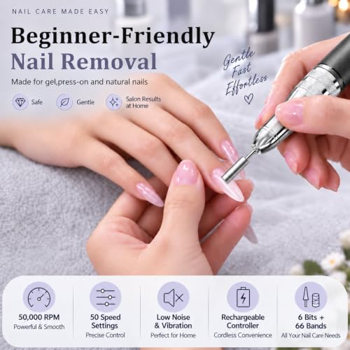 Wea&Hea Electric Nail Drill for Manicure & Pedicure, Professional Cordless 50,000RPM