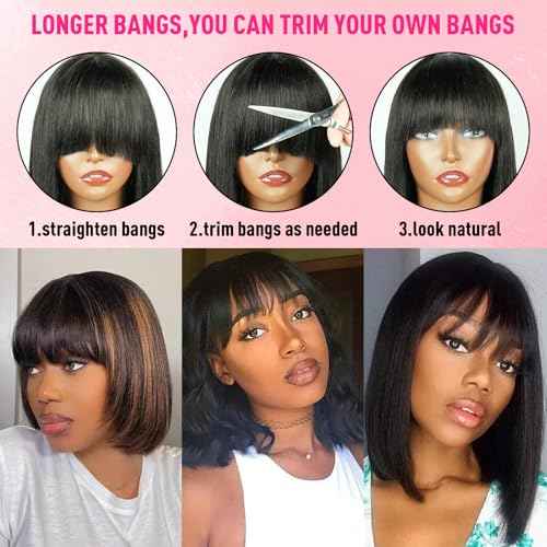10 Inch Silky Straight Bob Wig Human Hair with Bangs Ready to Go Short Blunt Cut Black Wigs 1X4 HD Lace Closure 200% Density Bob Wigs with Breathable Cap for Women