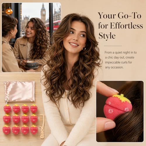Healifty 12-Piece Strawberry Curlers Set - Soft Sponge Heatless Hair Rollers for Natural Curls