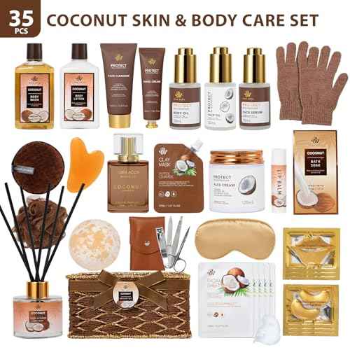 35 Pcs Coconut Vanilla Spa Gift Basket for Women & Men, Face Skin Care Set, Bath & Body Set, Self Care Pamper Kit, Diffuser, Bath Bomb, Birthday, Christmas, Valentines, Mother Day, Anniversary