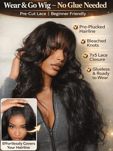 UNICE Body Wave Human Hair Wig with Wispy Bangs 16 inch