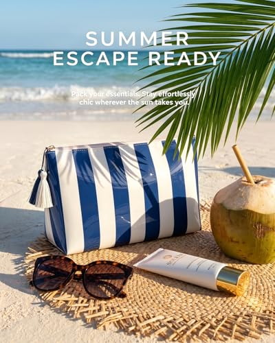 Navy Blue Striped Waterproof Cosmetic Bag | Beach Travel Pouch