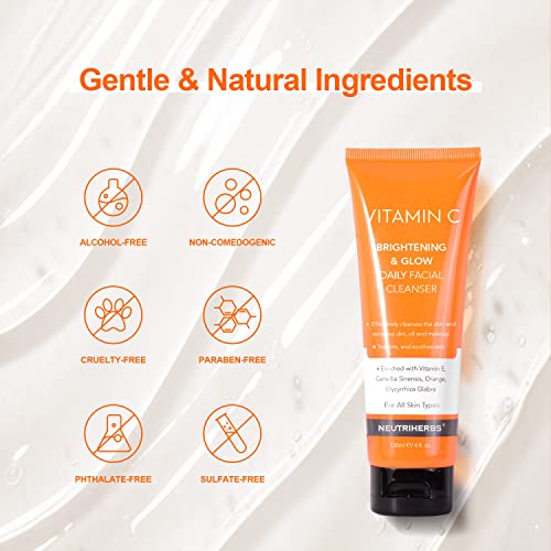 Neutriherbs Vitamin C Face Wash,Daily Facial Cleanser with Aloe & Hyaluronic Acid| Clean,Refresh,Brighten and Balance Complexion| For All Skin Type, 120ml 4 fl. oz