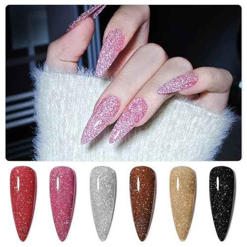 GAOY Reflective Glitter Gel Nail Polish Set for 6 Colors Including Pink Red Silver Black Colors Holographic Gel Polish Kit for Salon Manicure and Nail Art DIY at Home