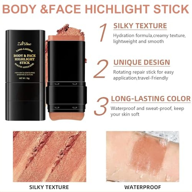 2-in-1 Golden Bronze Highlighter Stick with Blending Brush