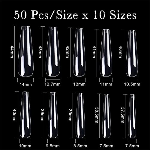 Extra Long Coffin Nail Tips, Clear Acrylic Nail Tips 500 Pcs Full Cover Artificial False Nails for Salons and DIY Nail Art with Box (10 Sizes)