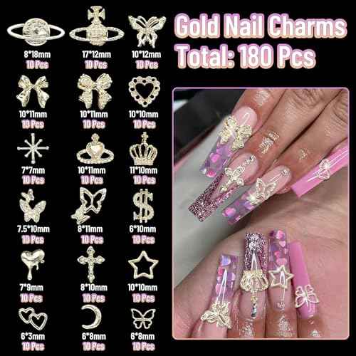 180 Pcs Gold Nail Charms and Gems, Bow Star Butterfly Cross Alloy Nail Jewelry, 18 Styles Metal Planet Heart Y2K Gold Nail Charms for Nails Art Design