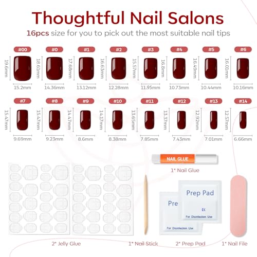 Modelones Dark Red Short Square Press On Nails Kit - 32 Pcs