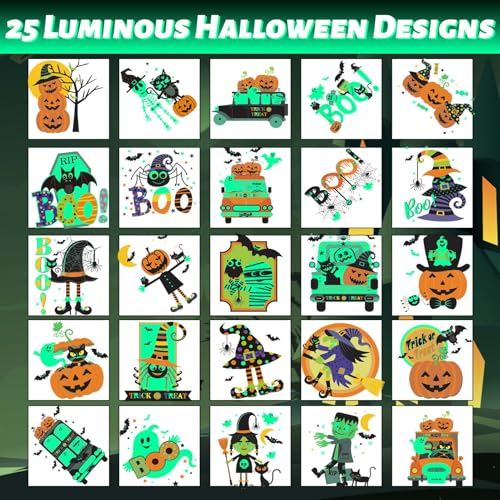 Winthrop 100 Pcs Glow in The Dark Halloween Temporary Tattoos for Kids, Individually Wrapped Waterproof Large Luminous Tattoos, 25 Cute Designs, Trick-or-Treat Party Favors, Candy Bag Alternatives
