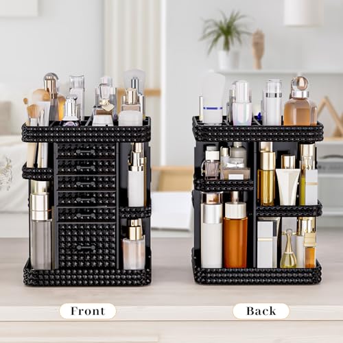 360 Rotating Makeup Organizer for Vanity, Large Skin Care Organizer with 6 Drawers Clear Acrylic Cosmetic Organizer Adjustable Spinning Makeup Storage Perfume Organizer for Dresser (Black)