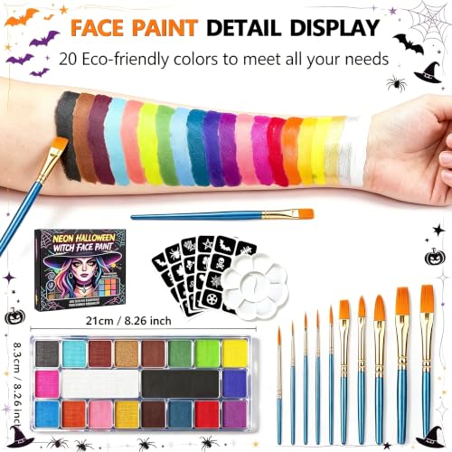 20-Color Water-Based Face Paint Kit with Brushes & Stencils