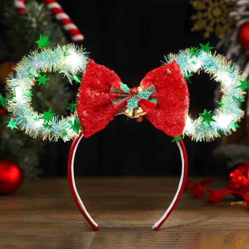 Catery Christmas Mouse Ears Headband Light up Headbands Mouse Ears Bow Hair Band Holiday Hair Accessories for Women Girls