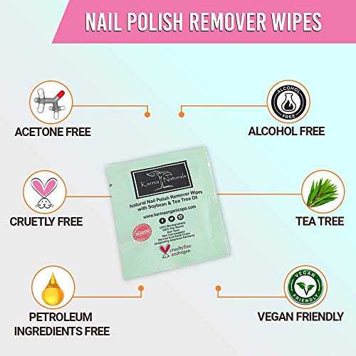Karma Organic Nail Polish Remover & Wipes Bundle ? Tea Tree Nail Polish Remover Wipes (Pack of 10) Tea Tree Oil Based Formula Remover (4FL-Oz)
