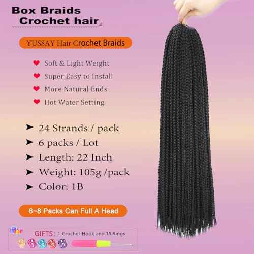 Crochet Box Braids 6 Packs 144 Strands 22 Inch Goddess Box Braids Crochet Hair Pre looped Crochet Hair Crochet Braids for Black Women Braiding Hair (1B)
