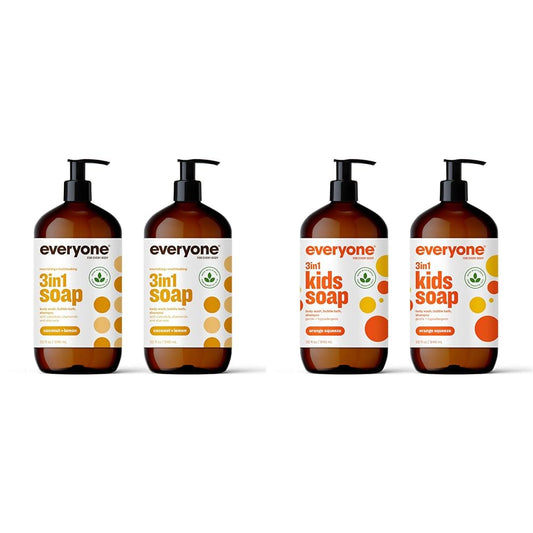 Everyone 3-in-1 Kids and Adults Shampoo, Bubble Bath, and Body Wash, 32 Fl Oz (Pack of 4)