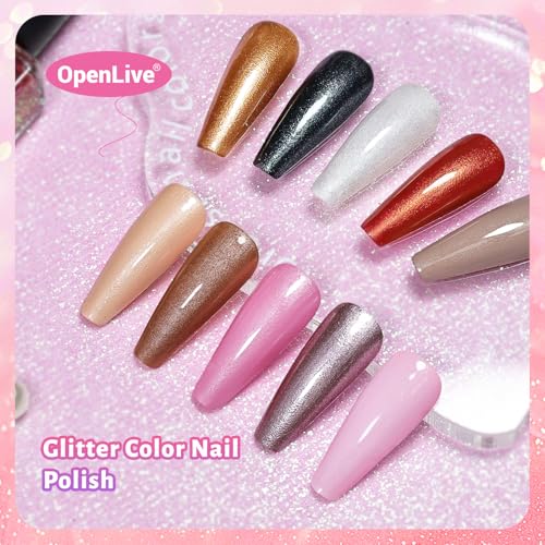 OpenLive Glitter Nail Polish Set – 12 Color Assortment with Base & Top Coat, Long-Lasting & Fast Drying