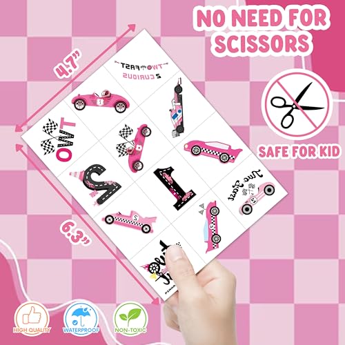 96 PCS Pink Race Car Pre-Cut Temporary Tattoos Birthday Party Decorations Supplies Favors Pink Two Fast One 1st Hot Checkered Decor Stickers Gifts For Boys Girls Classroom School Prizes Reward