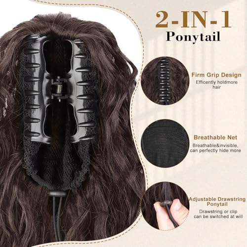 Brown Curly Ponytail Extension 18" Claw Clip Synthetic Hair