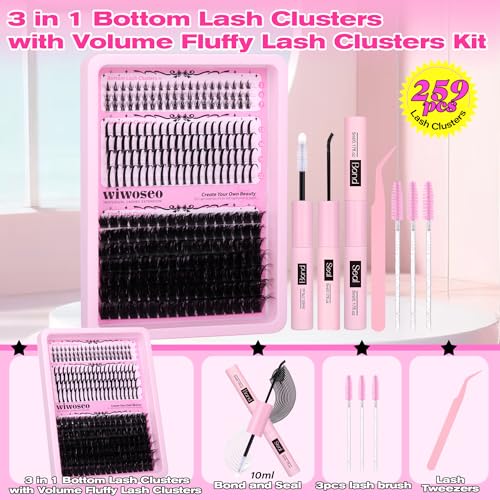 Wiwoseo Bottom Lash Clusters with Clear Lash Glue, D-Curl Fluffy Eyelash Extension Kit